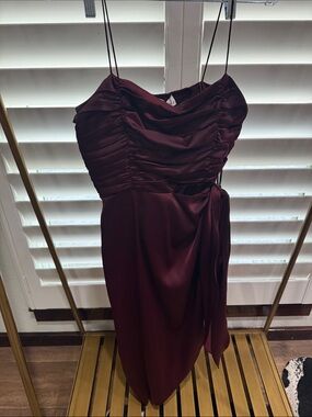 Wayf Burgundy Ruched Satin Midi Dress with Side Drape